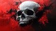 © Margarita - large white skull with hollow eye sockets and dripping paint against explosive red and black splattered background, intense ominous macabre atmosphere