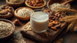 © Naufal - Glass of creamy plant-based almond milk surrounded by whole almonds on a wooden surface, highlighting healthy, natural, vegan, and nutritious drink concept.