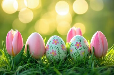  pastel decorated eggs and pink tulips nestled in dewy green grass with warm sunlit bokeh, evoking joyful springtime serenity