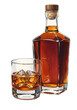 © Eva - A refined watercolor illustration of a premium aged amber whiskey bottle and crystal glass with ice, on a transparent background with copy space, concept for premium beverage advertising