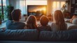 © littlekid - Family of four on a sofa watching television in a cozy living room at sunset, warm backlit scene evoking calm togetherness and relaxed evening bonding