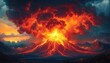 © zhuan - Explosive volcanic eruption with glowing lava flows, towering ash and pyroclastic cloud, fiery sky over rugged mountains conveying dramatic, apocalyptic power and intense heat