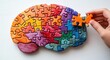 © tech - Hand placing the final colorful jigsaw piece into a brain-shaped puzzle on a white surface, evoking creativity, problem solving and mindful healing