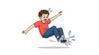 © Nur - Cartoon illustration of a young boy in a red shirt slipping on a wet surface and falling backwards with water splashes.