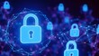 © Graphic - Digital glowing padlock icon with network mesh connections. Cybersecurity and data protection technology. Secure private information system with blue neon lock symbols on dark background