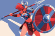 © HardTeam - Female warrior in horned helmet and armor, holding shield and spear in a dynamic battle pose.