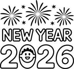  Minimalist New Year 2026 Line Art with Happy Face and Fireworks