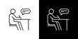 © Tifany - Simple line icon showing a person writing at a desk with a speech bubble, representing learning, communication, and thought processes