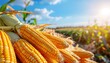 © Matthew - A close-up view of ripe corn cobs basking in sunlight against a clear blue sky