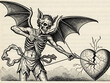 ©  PixelPace - Sinister evil cupid, a skeletal winged demon archer with a skull face, aims a destructive arrow at a shattered heart in a dark gothic engraving