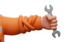 © Thomas - A robust 3d cartoon arm in a knotted orange sleeve grasps a metal wrench against a white background with copy space, metaphor for a complex problem and solution.