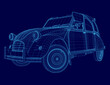 © German Ovchinnikov - A retro car is presented as a detailed 3D wireframe model on a solid blue background, revealing its iconic mini blueprint design.