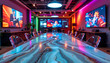 © Praphapan - Modern conference room neon light futuristic boardroom interior colorful office meeting large digital screen creative workspace design glossy