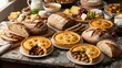 ©  creativejahid - A rustic wooden table laden with an assortment of freshly baked breads and pies, accompanied by various cheeses and fruits.