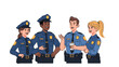 © Fahim - Diverse group of four friendly police officers, including men and women, standing in their uniforms, engaged in a cheerful conversation.