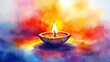 © li - watercolor painting of an indian oil lamp glowing brightly, casting warm light on the surrounding background during the diwali festival celebration.