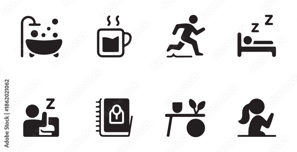 Good Routine Icon Daily routine icon set featuring self care activities like bathing ...