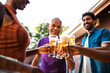 © Nexa - Multi-ethnic group of friends and family toasting with glasses of beer at an outdoor backyard party.