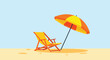 © Daniel - Sunny beach scene with a yellow wooden deck chair placed under a colorful striped umbrella on the golden sand.