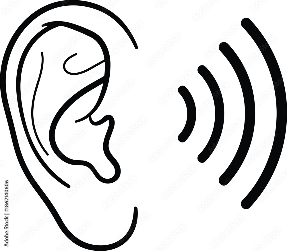 Human ear icon with sound waves, listening symbol vector, hearing test ...