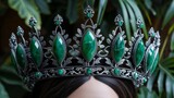 Marquise jade exotic crown tiara in blackened silver dark on jungle leaf vein patterns