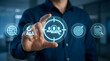 © Lee - Businessman touching a virtual target icon with people inside on a digital screen,illustrating specific audience selection and customer segmentation,concept of recruitment focus.