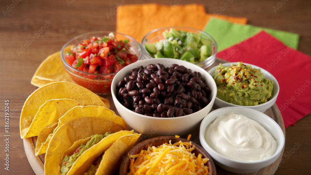 Tacos with beans cheese salsa guacamole and sour cream on a wooden plate