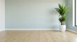 © PhotoArtHub - Light green wall, light wood floor, plant in white pot, corner of room, minimalist design, showcasing free space for text or image, ideal for home decor or interior design concepts