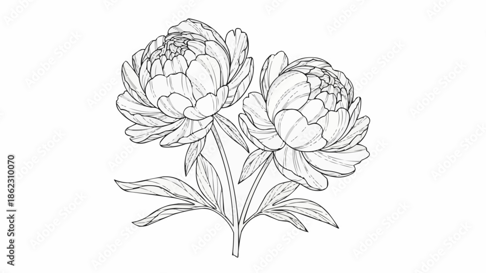 Elegant line drawing of two blooming peonies with leaves.