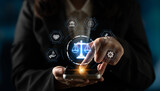 Futuristic digital law interface displaying justice scale, highlighting digital law, AI compliance, digital law systems, and digital law regulations for secure governance. Spline