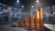 © Olga Gorkun - Abstract copper bar chart in front of blurred trading screens, symbolizing financial growth, investment performance metrics and rising market opportunities