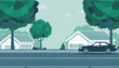 © David - Suburban neighborhood street scene vector illustration showing a dark sedan driving past modern houses and lush green trees on a quiet day
