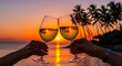 © Inspire Shots Hub - Two wine glass at sunset ocean view, reflecting palm tree. Celebration, vacation, romantic getaway, perfect for travel or lifestyle concept