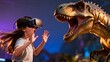 © Isabella - Girl wearing VR headset interacting with virtual dinosaur