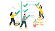 © semarjowodesign - A team finishing tasks on a giant checklist, symbolizing project management, compliance, data verification, and successful task completion
