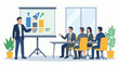 © WealthyMinion - “Startup founder presenting a business pitch to investors, presentation screen with charts and growth icons, conference room simplified, flat vector illustration