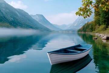 Naklejka na meble Rowboat floating on tranquil mountain lake reflecting sky