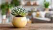 © horizon - Small variegated succulent plant in a round yellow pot sits on a wooden table, with a soft bokeh background of a living room in the back.