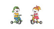 © Saima - A happy little boy and girl laughing and having fun while riding their colorful tricycles, isolated on a white background.