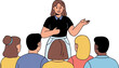 © Dewi - An illustration of a woman presenting or teaching to a diverse group of people from behind
