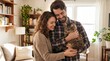 © Anusa - Joyful couple embracing their cat in cozy living room indoor setting lifestyle photography warm atmosphere intimate viewpoint