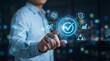 © CuteBee - a man interacting with a futuristic digital interface displaying various icons representing quality assurance security and data analytics in a modern business setting