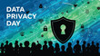 © Zaheer - Celebrating data privacy day with a digital security theme featuring a prominent shield icon and silhouettes of people standing together below informational graphics