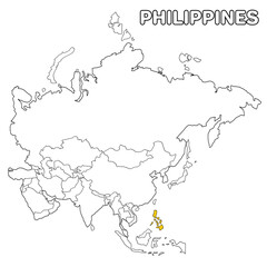  Philippines country highlighted in yellow on Asia continent map detailed vector illustration, for projects and presentation	