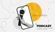 © accogliente - Trendy Halftone Collage Online Podcast. Mobile phone with Hand holding studio microphone. Talk show and interview. Streaming service. Audio recording. Contemporary vector art illustration
