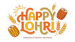 © Abhi - Happy Lohri typography design isolated on white background, bold festive lettering in warm orange and yellow tones, Punjabi folk elements like wheat stalks, sun rays and dhol icons, clean vector style
