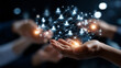 © Laura - Hands holding glowing network of people icons faceless, digital connection graph symbolizes teamwork community social media interaction, global network expanding communication, def