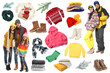 © New Africa - Happy family, couple, winter clothes and accessories. Collection on white background