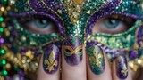 Mardi Gras inspired nail art with glitter mask and fleur de lis design in green, gold, and purple