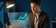 © CoreVisuals - Investment growth online businessman business plan strategy background blue financial analysing graph trend office digital success focused male professional night modern workstation laptop
